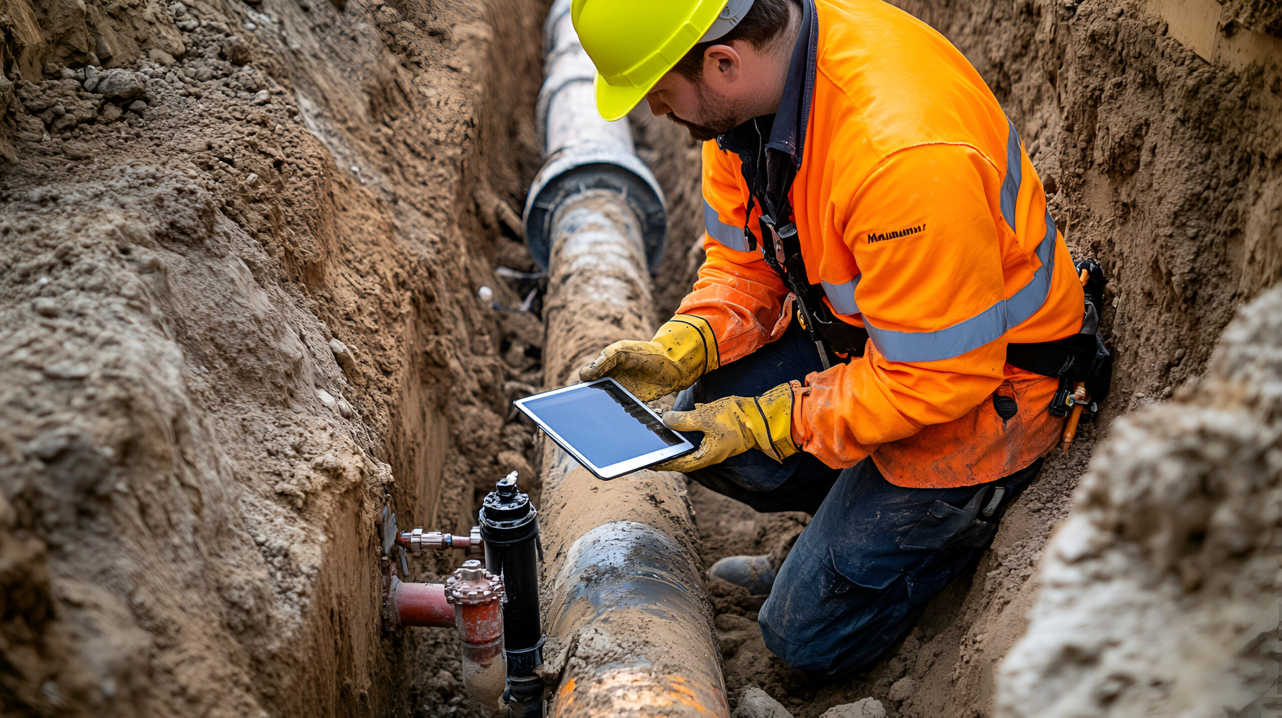 Engineer in high-visibility gear using a tablet to inspect underground pipelines in a trench. This image showcases the critical work of monitoring and maintaining infrastructure.